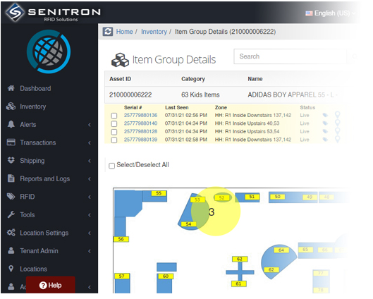 Dashboard map showing where an item was last seen