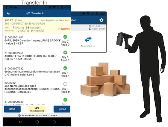 RFID transfer-in screen verifying a received shipment