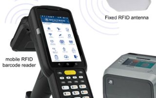 Handheld RFID barcode reader, fixed RFID antenna and RFID printer