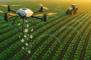 a drone sprinkling rfid sensors over the crop field