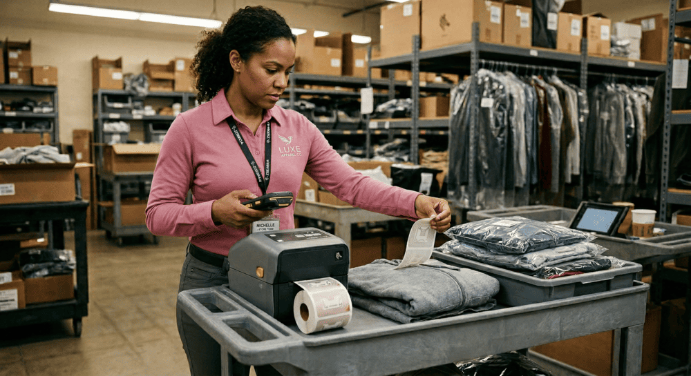 Retail associate tagging clothing inventory