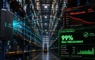 Warehouse aisle with an RFID reader showing 99% real-time accuracy