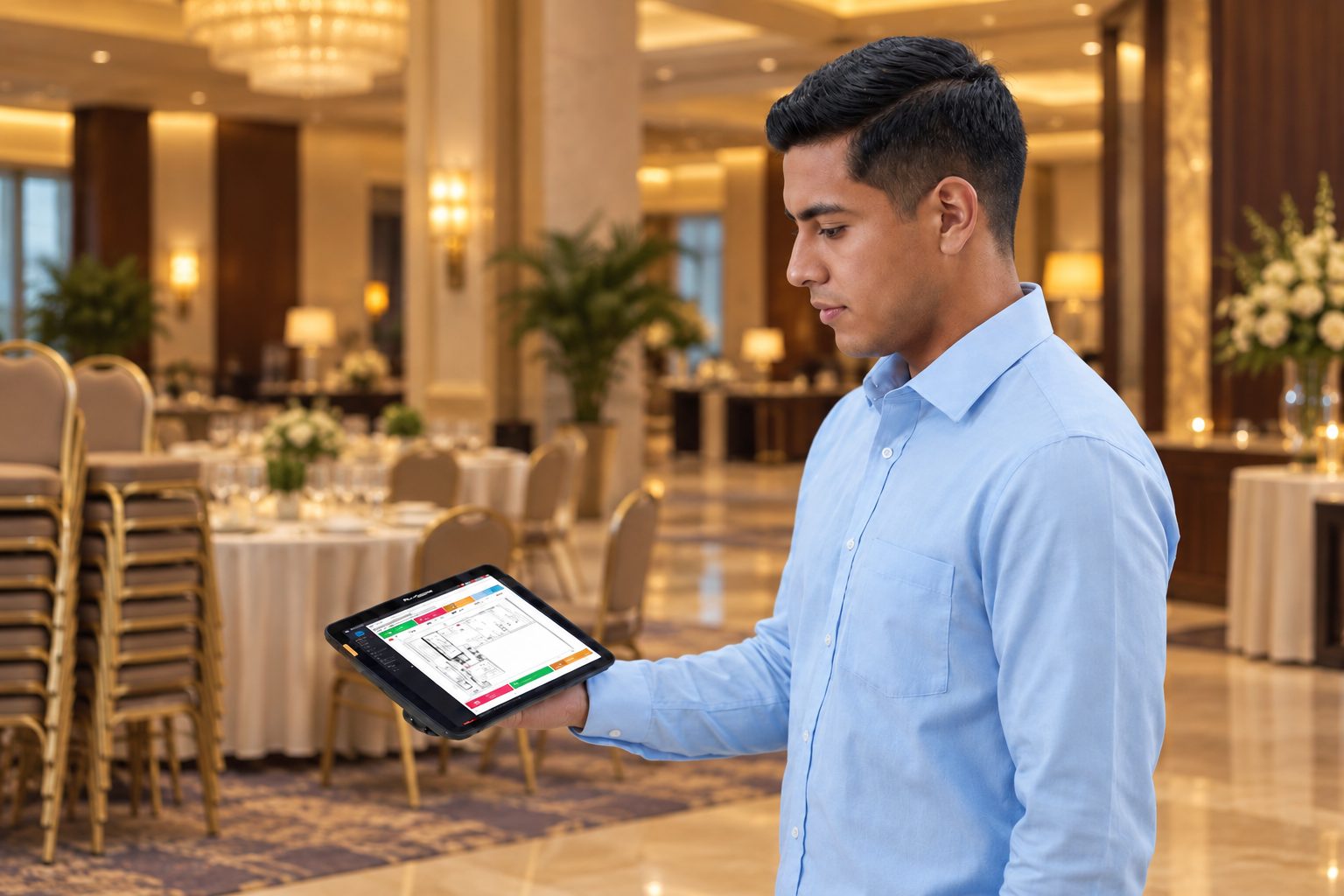 Hotel manager reviewing RFID asset audit results on a tablet