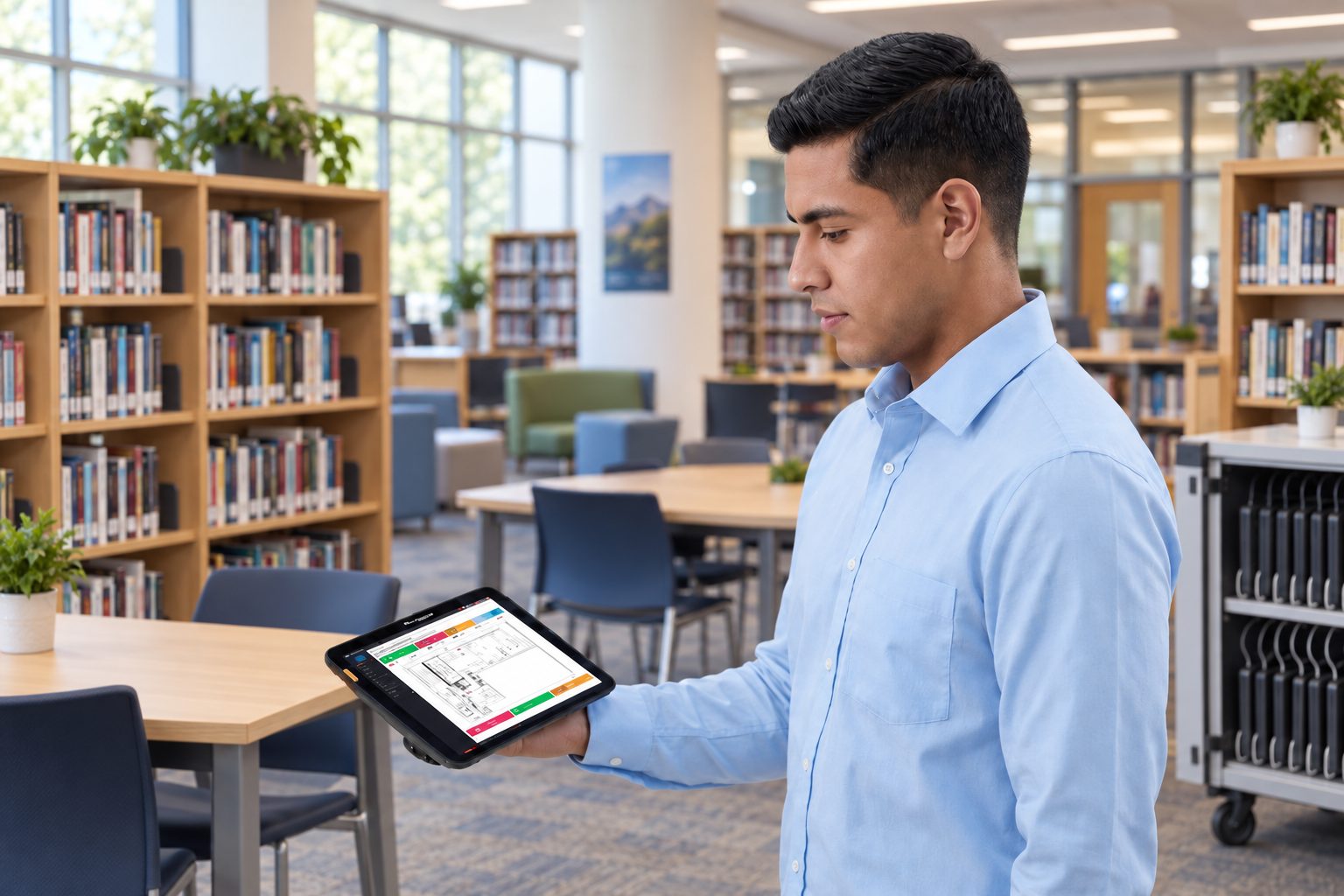 School administrator reviewing RFID asset audit results on a tablet