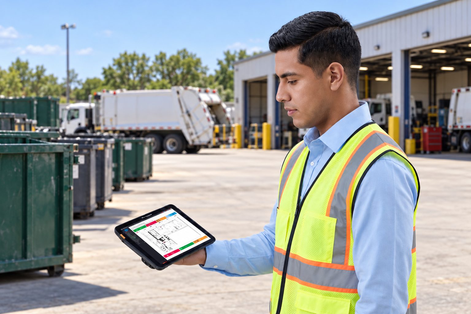 Waste management supervisor reviewing RFID container audit results on a tablet