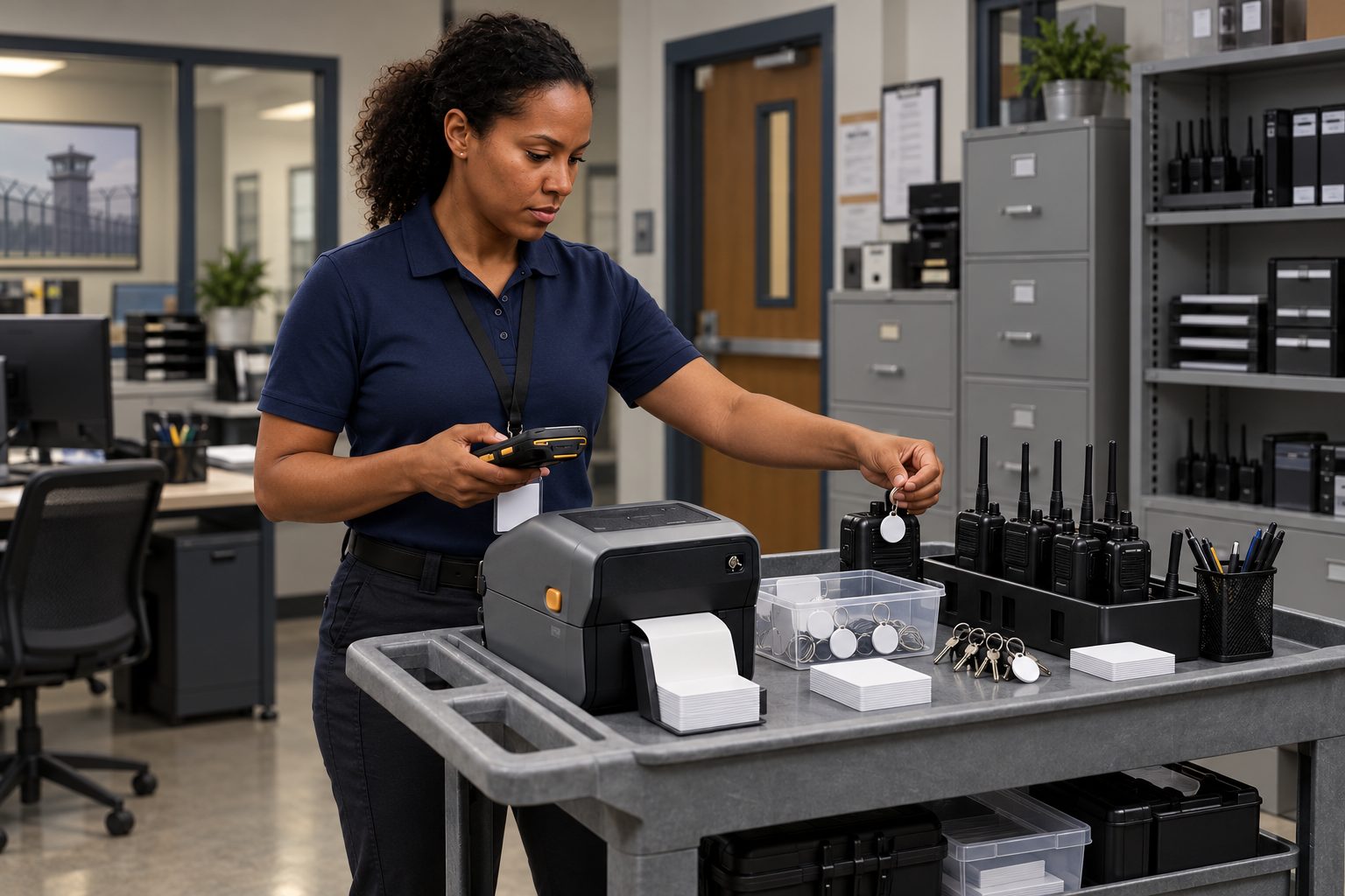 Staff member printing and applying RFID badges and tags in a correctional facility