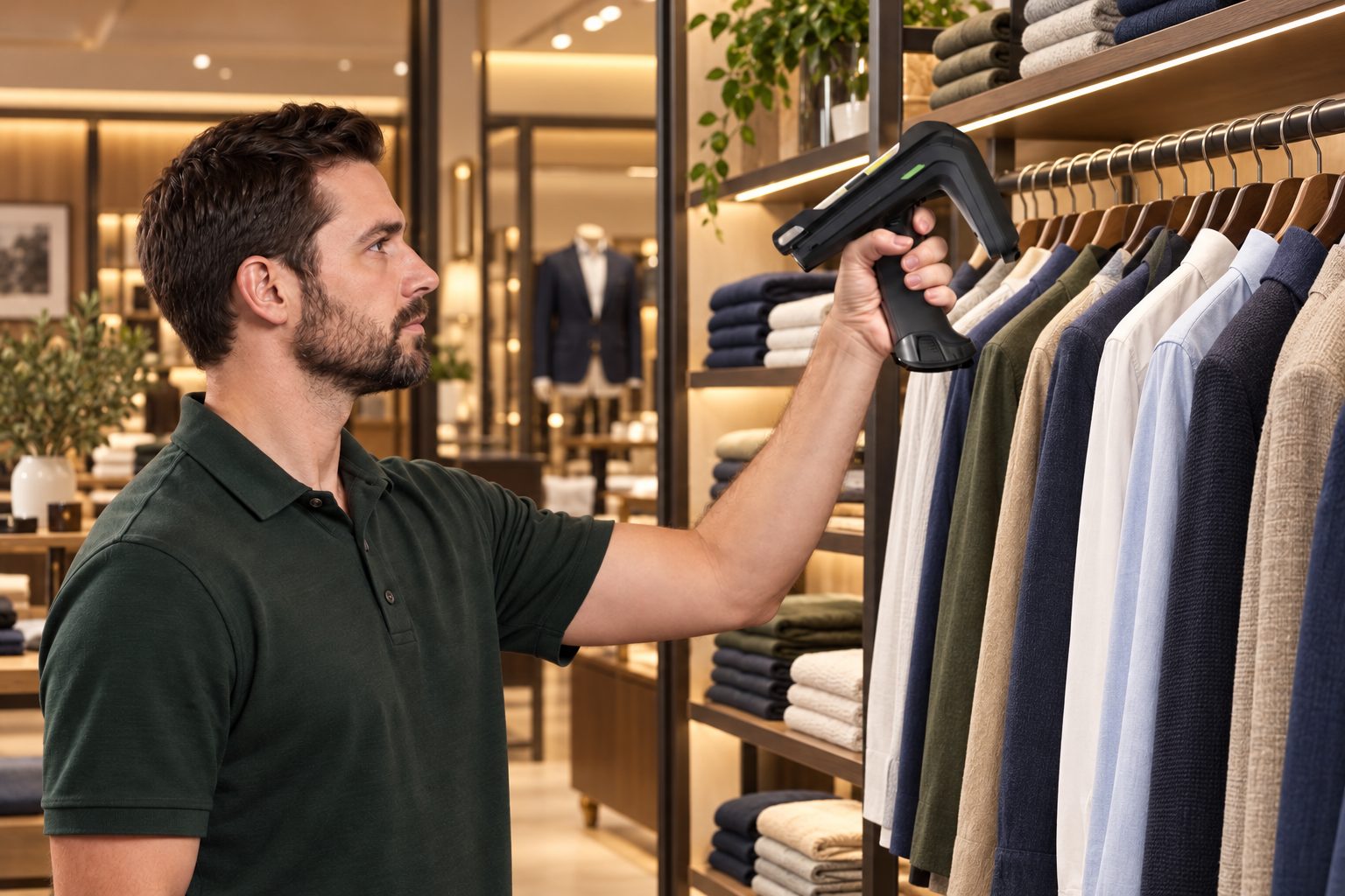 Apparel store associate scanning merchandise with a handheld RFID reader