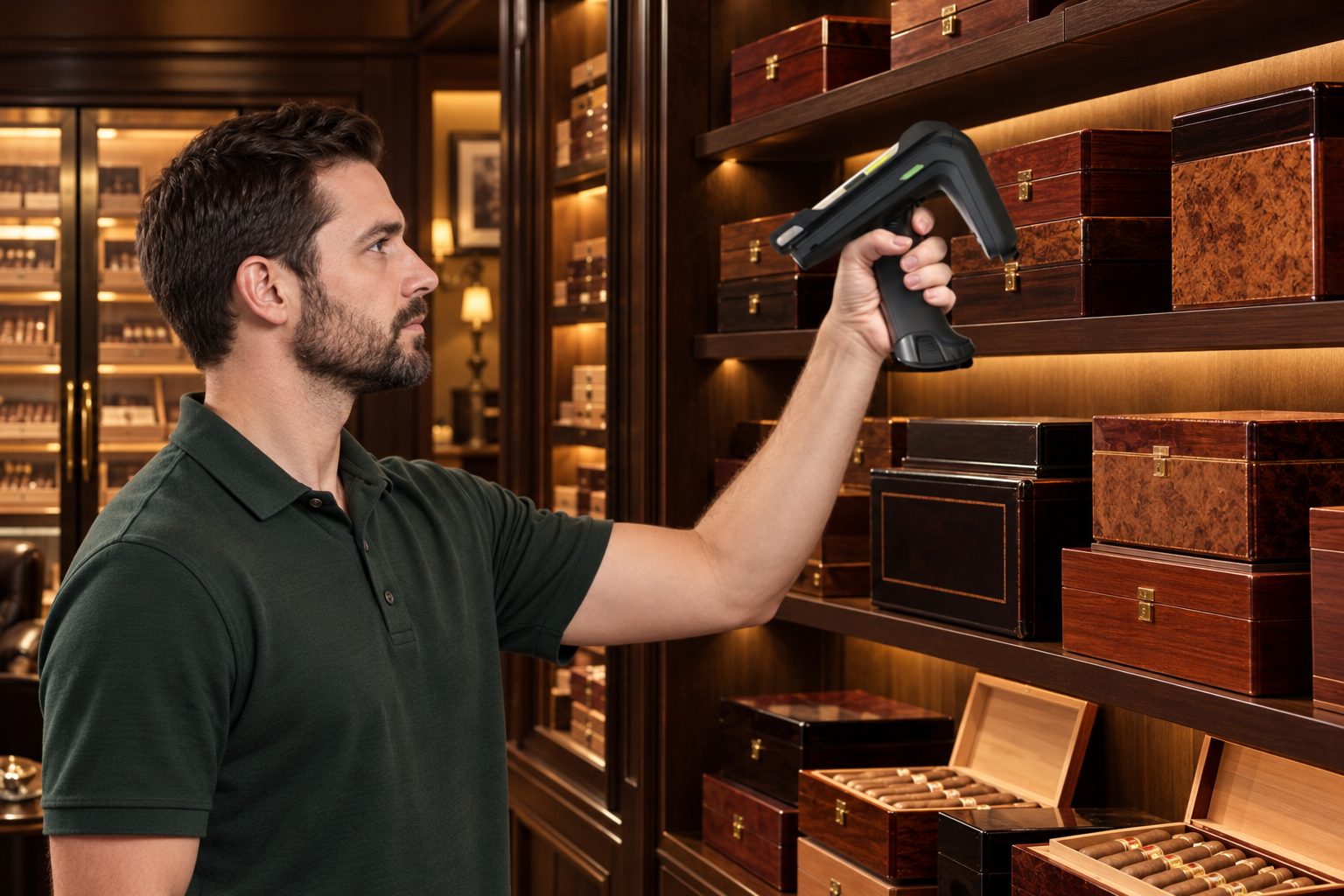 Store associate scanning shelves of cigar boxes with a Zebra RFID handheld reader