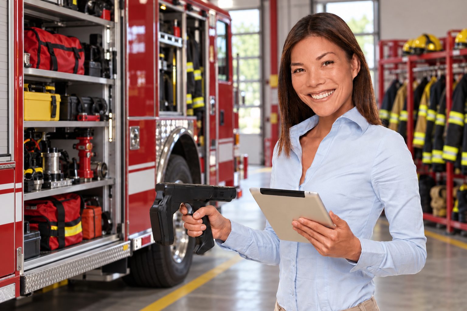 Smiling fire department staff member holding a handheld RFID reader and a tablet at a fire station