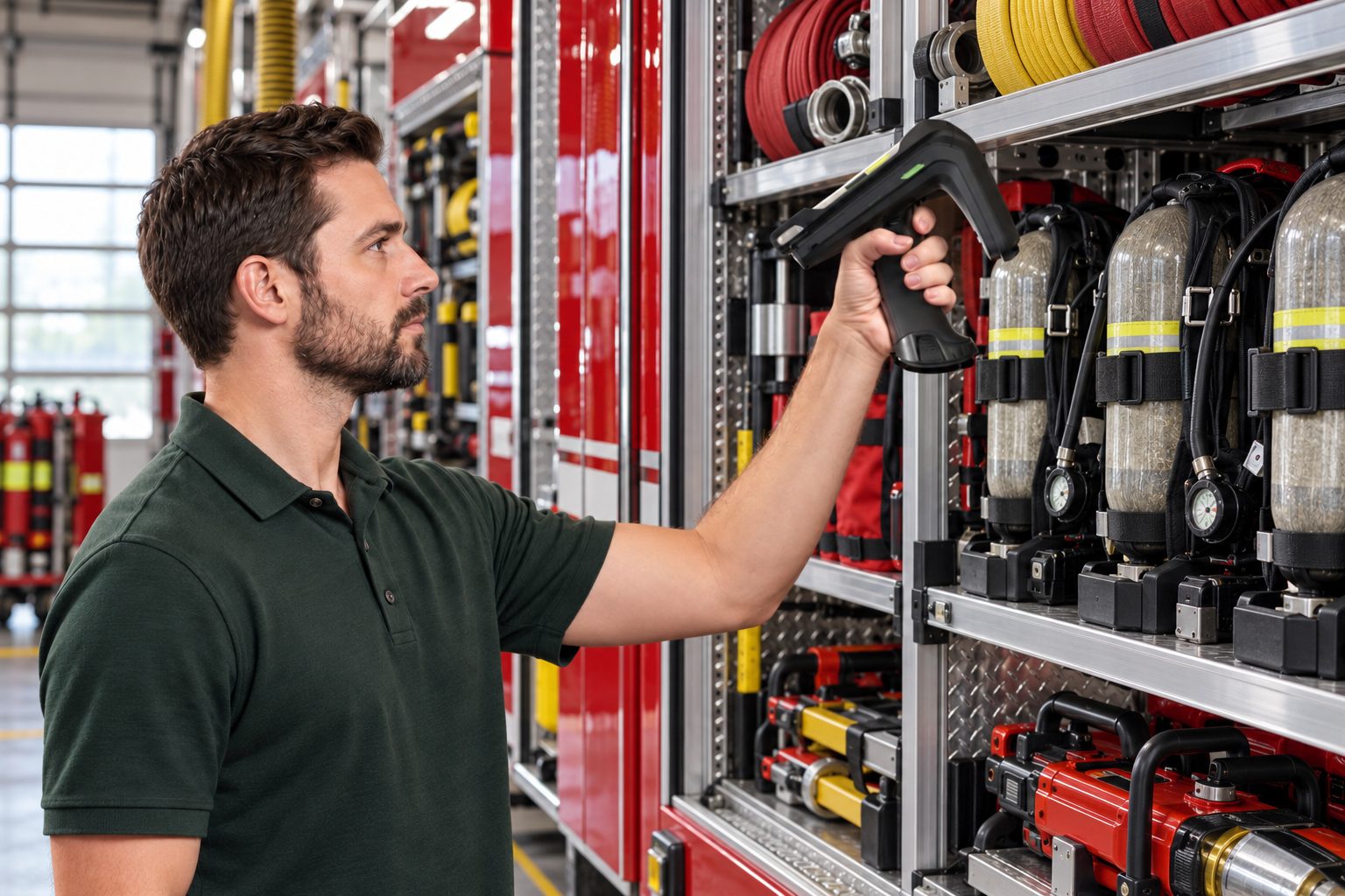Firefighter scanning fire truck compartments with a handheld RFID reader