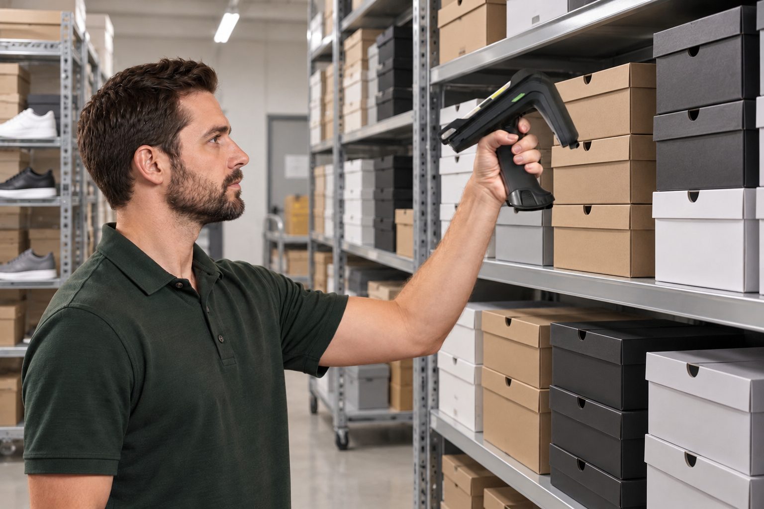 Shoe store associate scanning merchandise with a handheld RFID reader