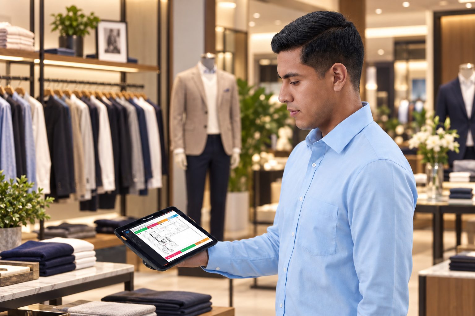 Apparel store manager reviewing RFID inventory results on a tablet