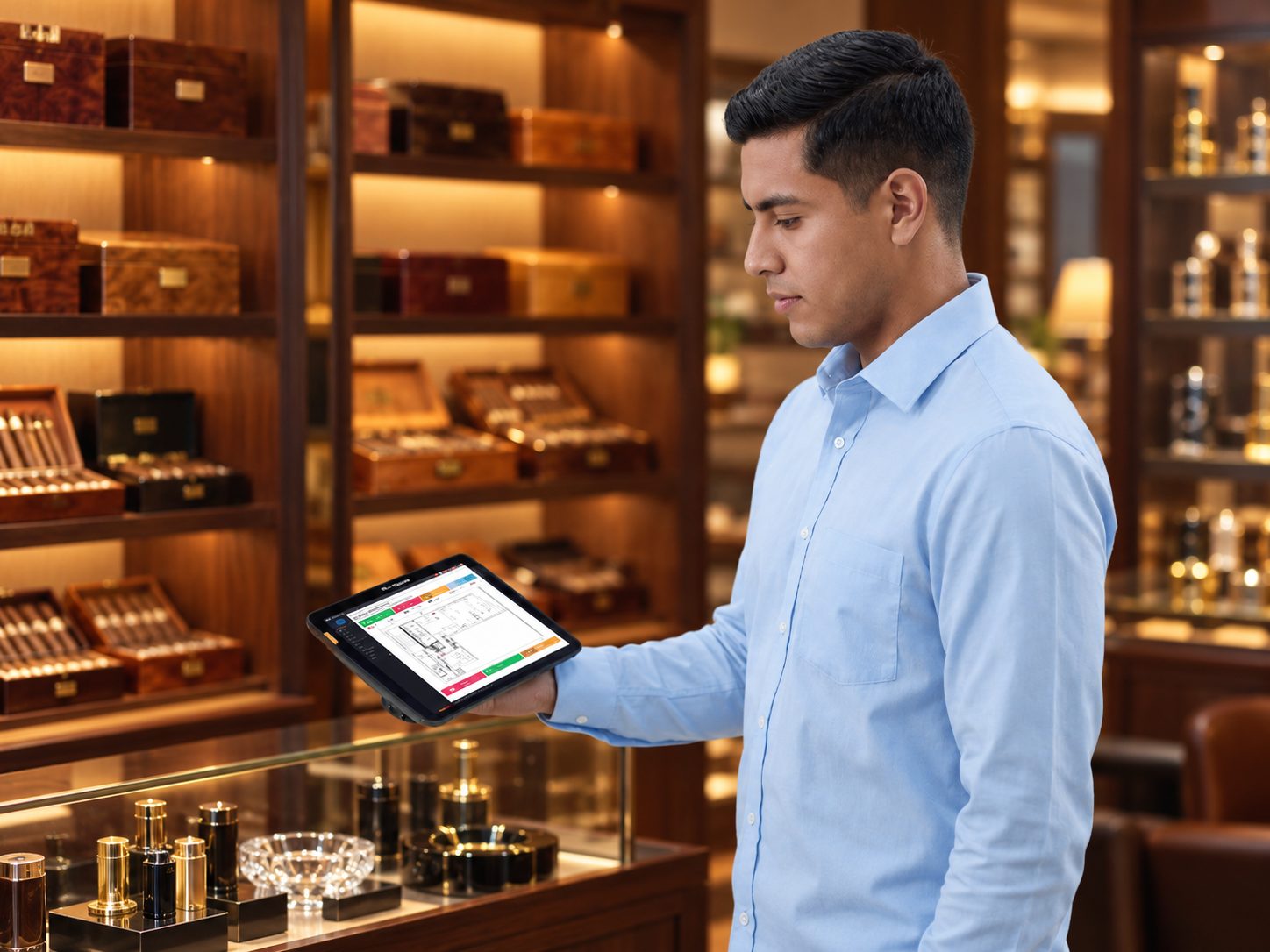 Cigar shop manager reviewing RFID inventory results on a tablet