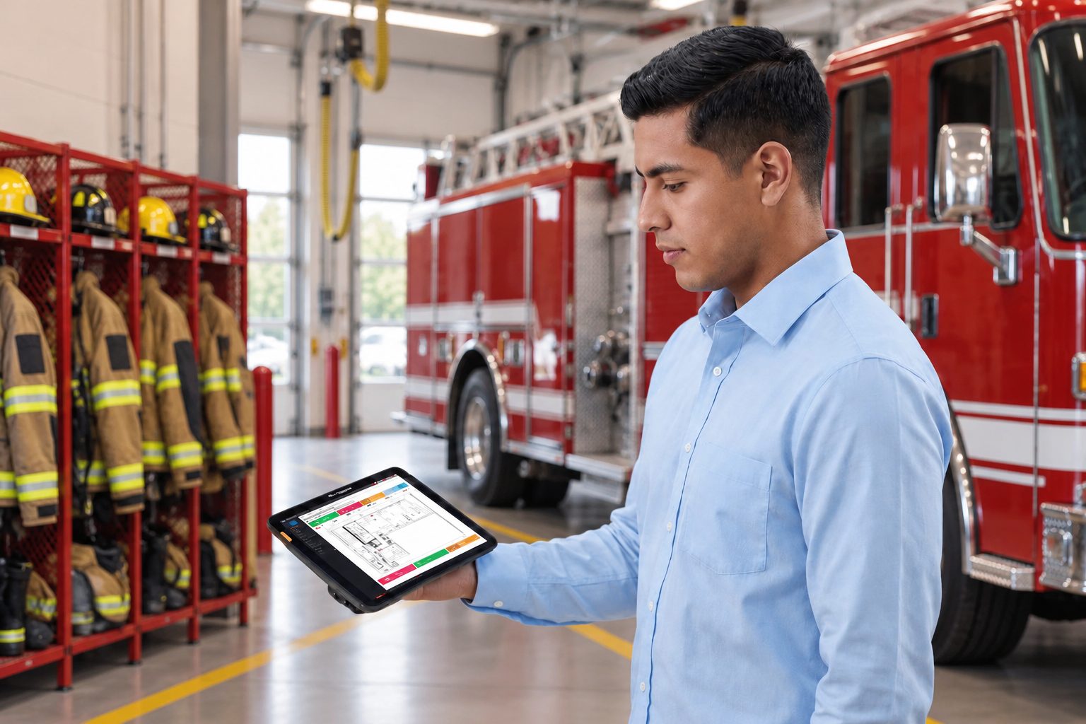 Fire department officer reviewing RFID truck check results on a tablet