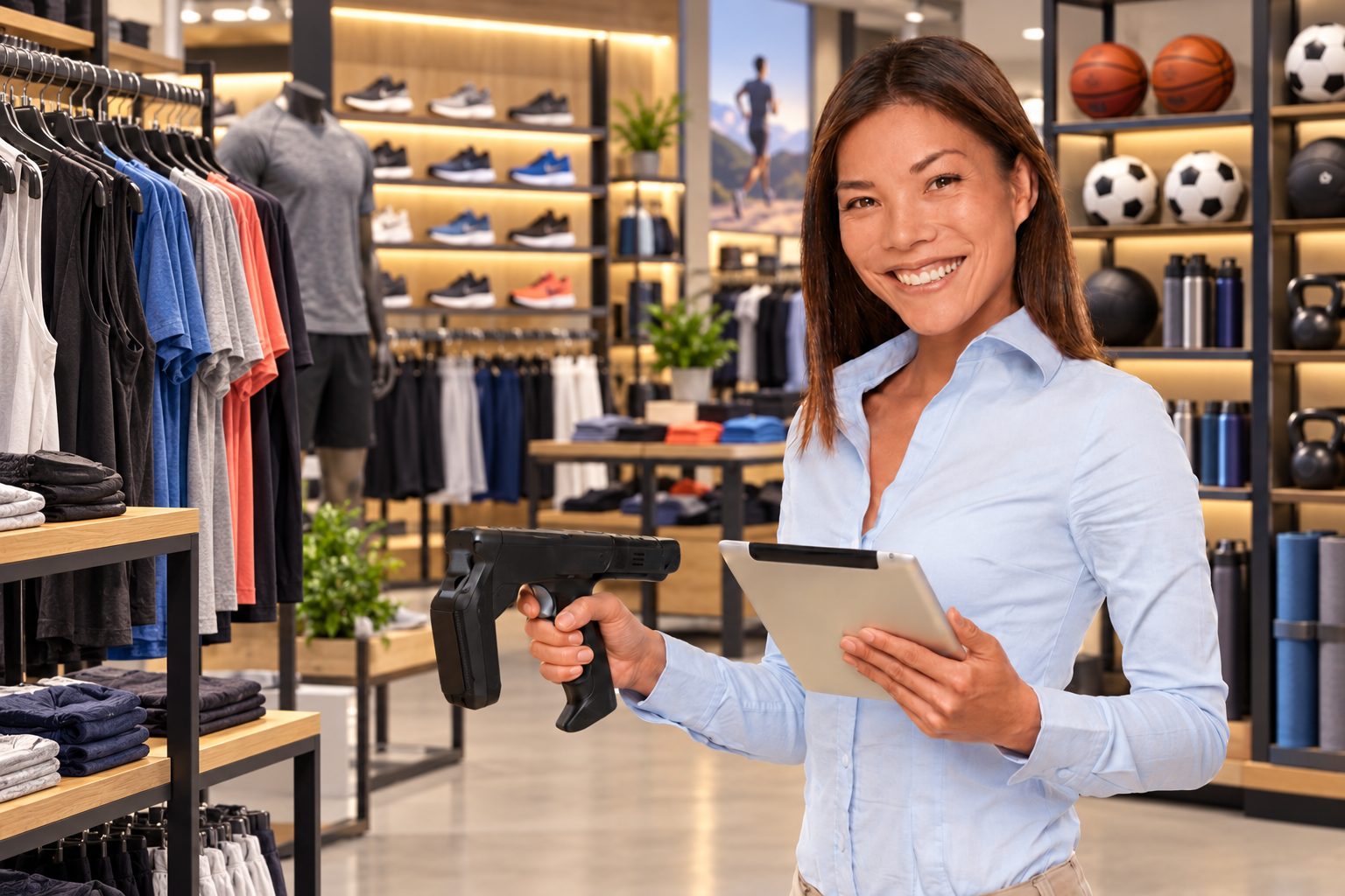 Smiling sporting goods store associate holding a handheld RFID reader and a tablet
