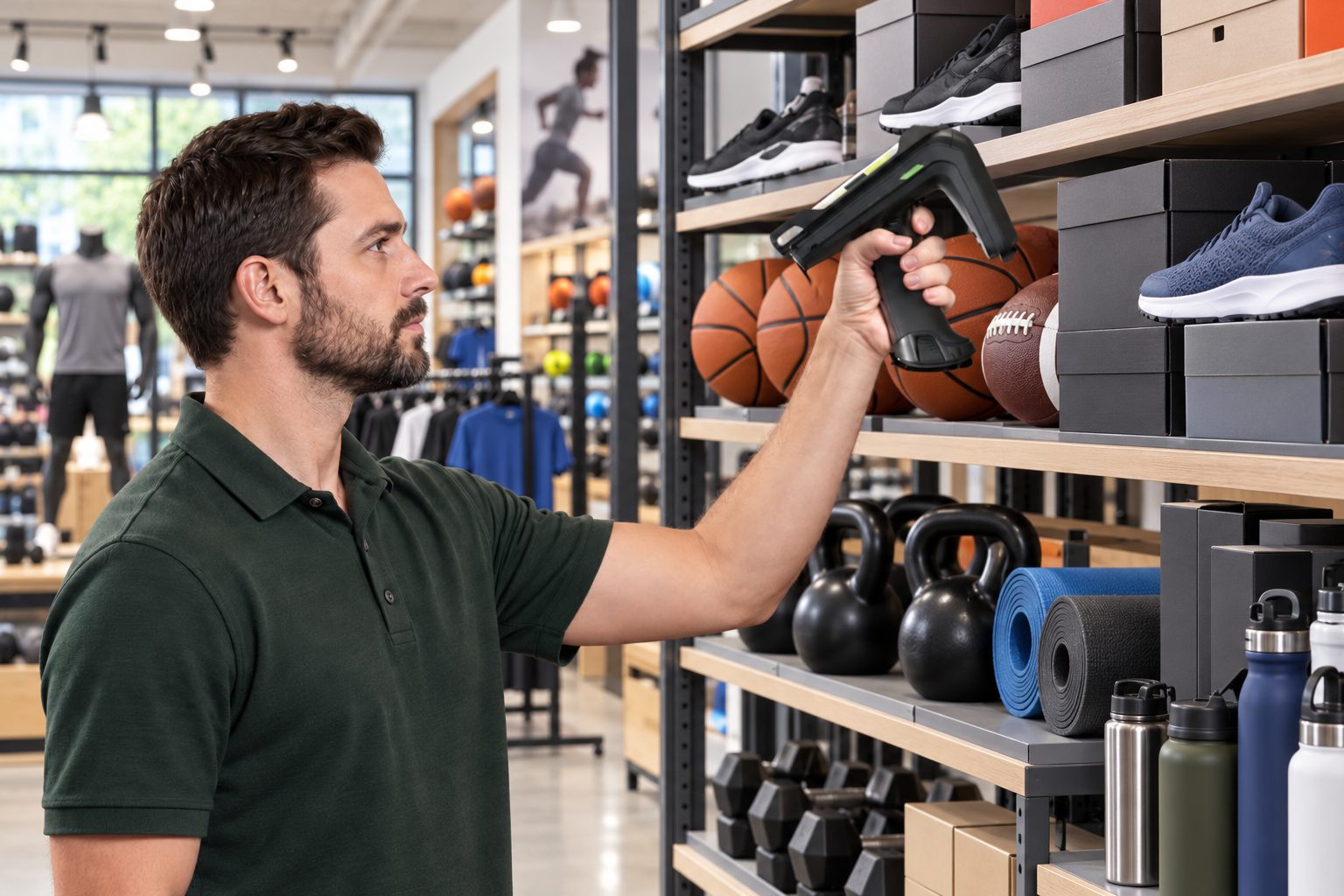 Sporting goods store associate scanning merchandise with a handheld RFID reader
