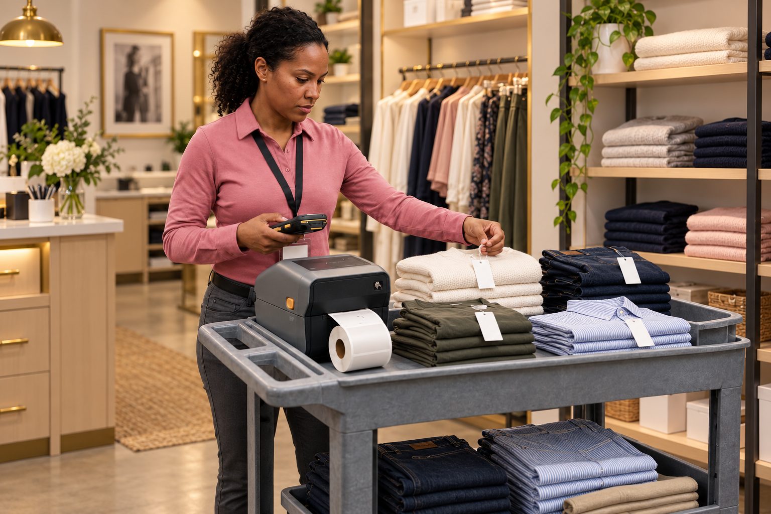 Apparel store associate applying RFID labels to merchandise