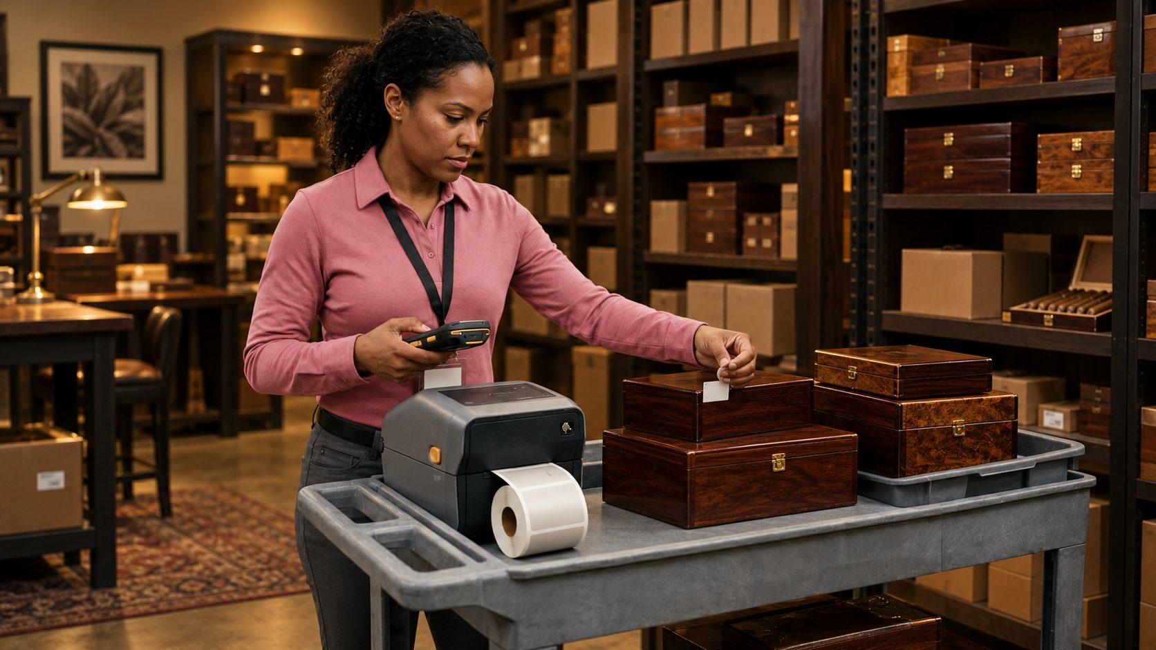 Cigar shop associate printing RFID labels and applying them to cigar boxes