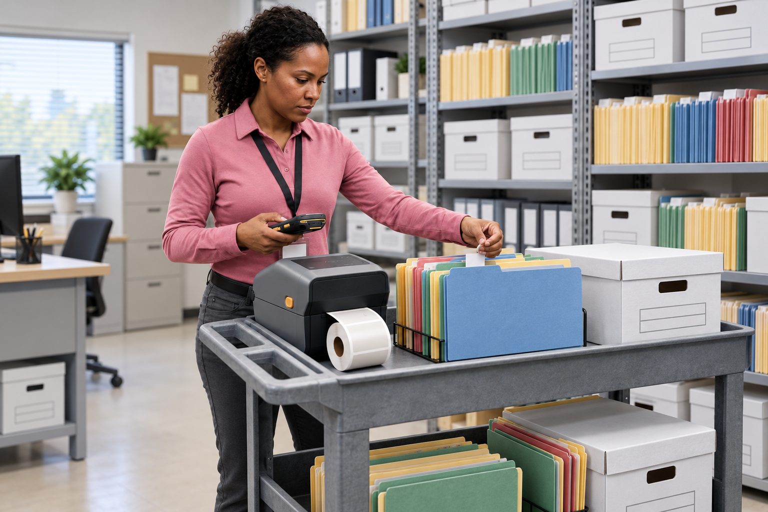 Records staff member applying RFID labels to file folders
