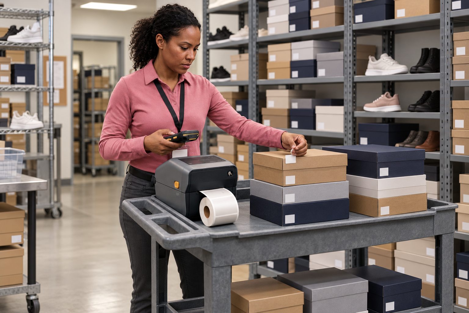 Shoe store associate applying RFID labels to merchandise