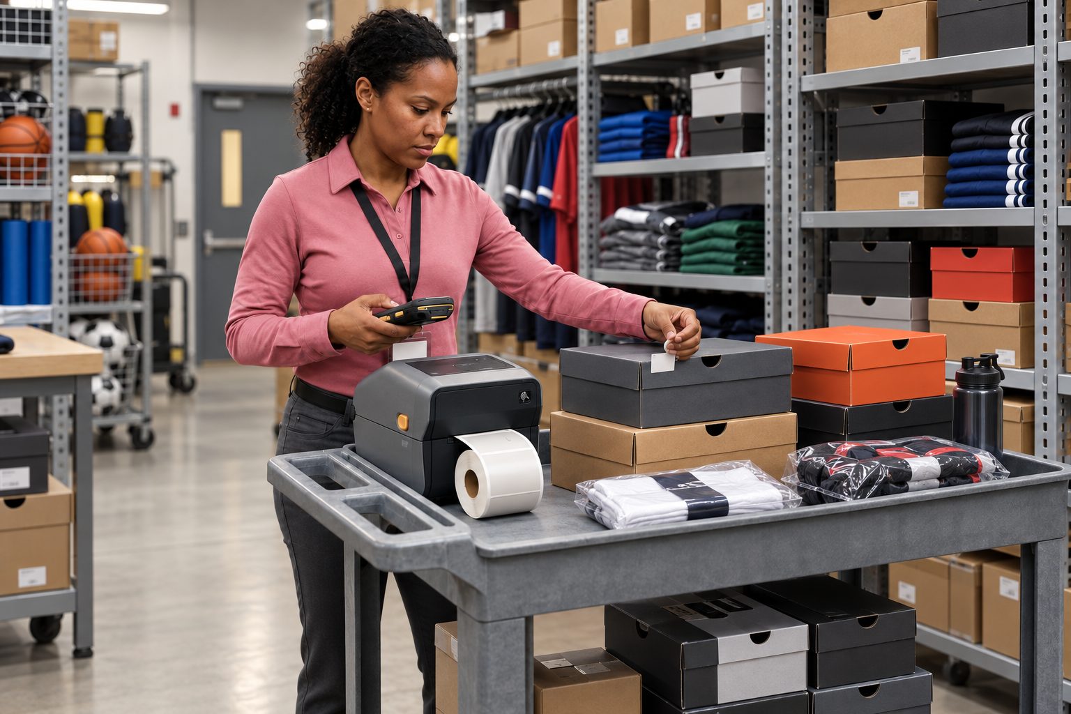 Sporting goods store associate applying RFID labels to merchandise