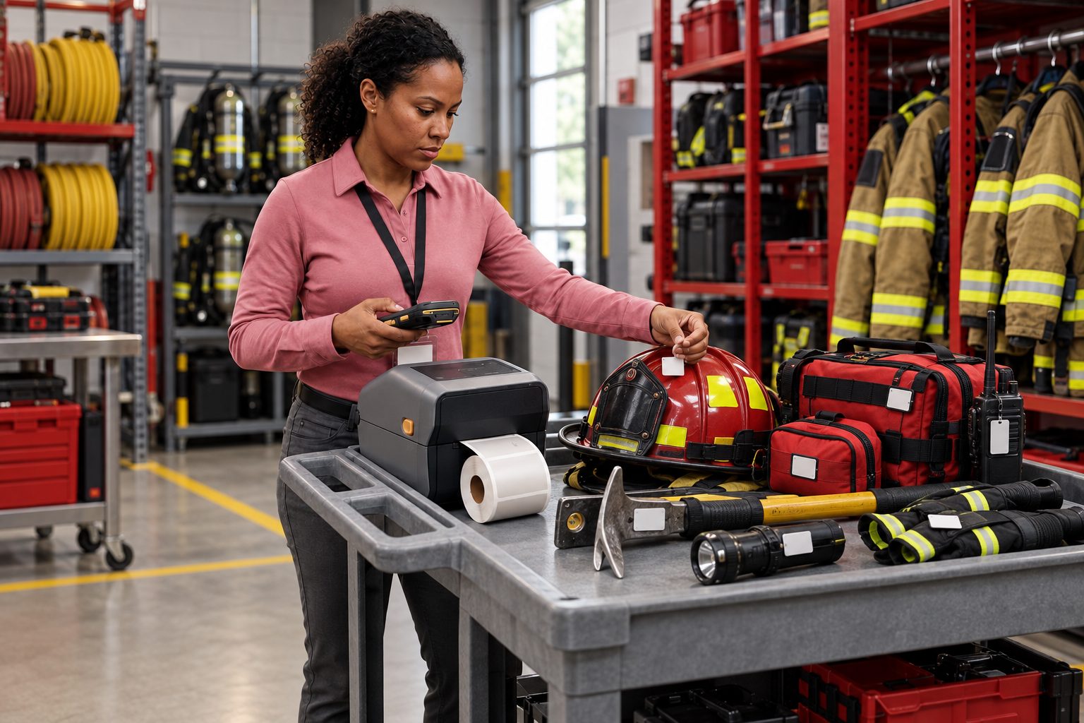 Fire department staff member applying RFID tags to firefighting equipment