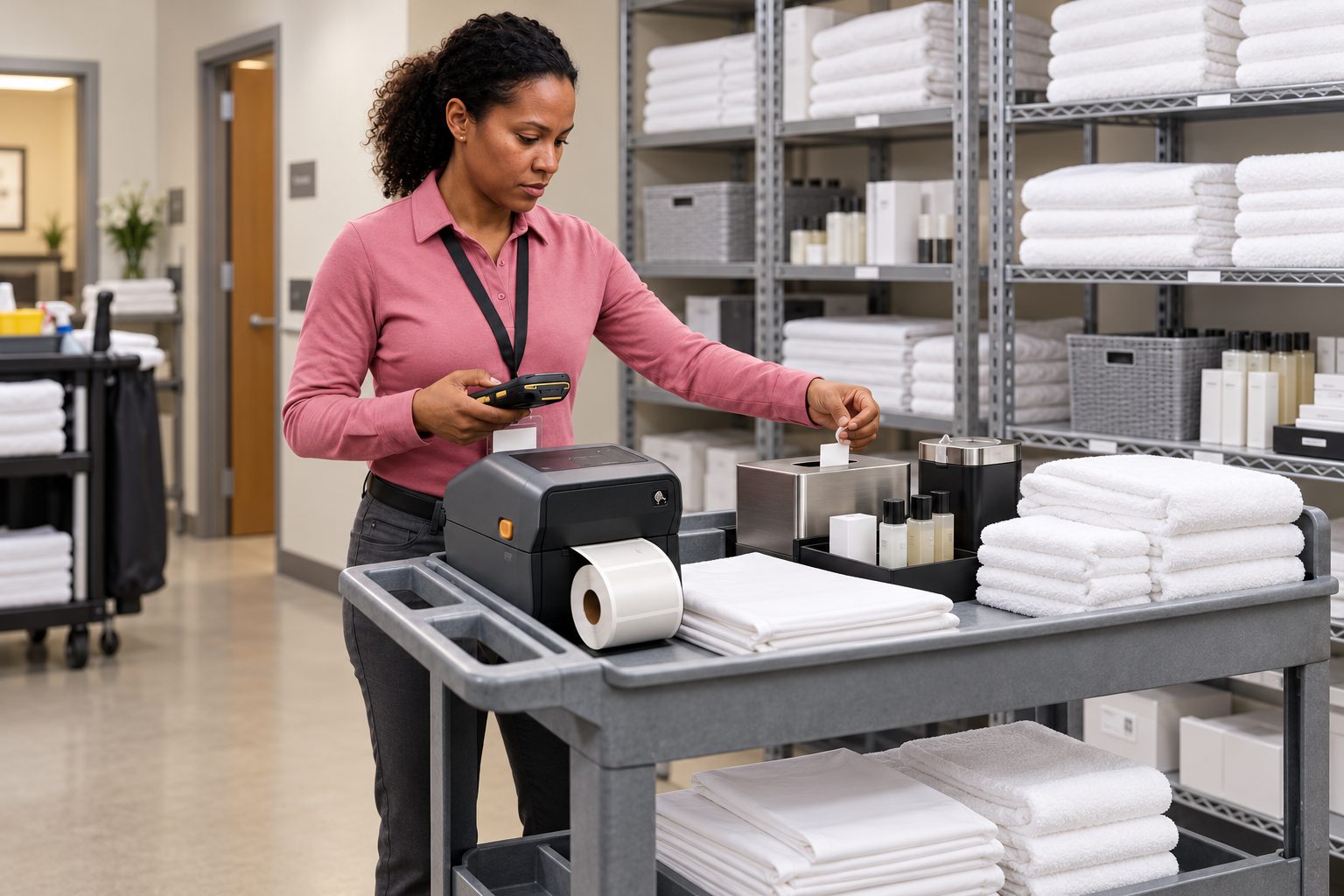 Hotel staff member applying RFID tags to linens and equipment