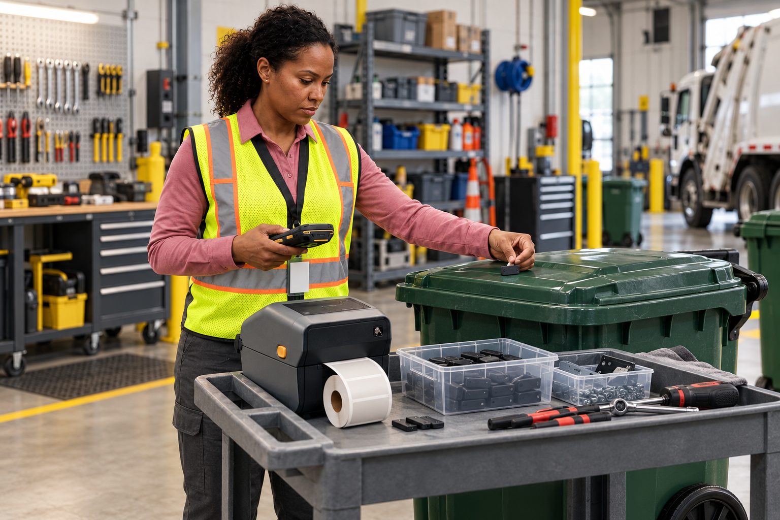 Staff member applying rugged RFID tags to waste containers