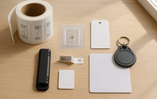 Types of RFID tags: UHF label roll, clear inlay, hang tag, rugged hard tag, flag tag, key fob and card