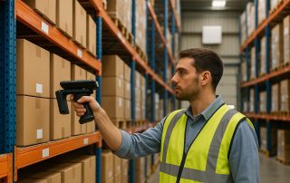 Warehouse worker scanning shelves with a handheld RFID reader, a fixed RFID antenna on the wall behind